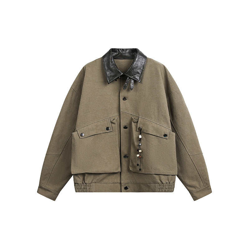 Men's Oversize Harrington Jacket with Faux Leather Collar, Flap Pockets, and Elastic Hem Chichicherry