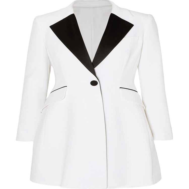 Ladies short tailored blazer dress in tuxedo style with contrasting satin lapels Chichicherry