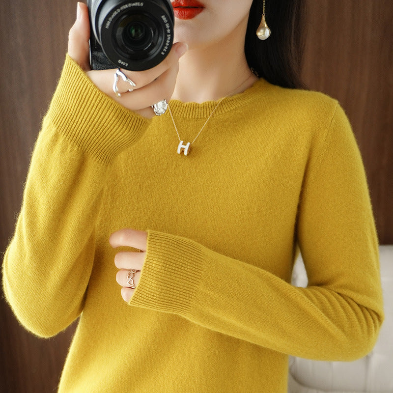Women Soft Cashmere Blend Rounded Neck Sweater with Fine Ribbed Cuff