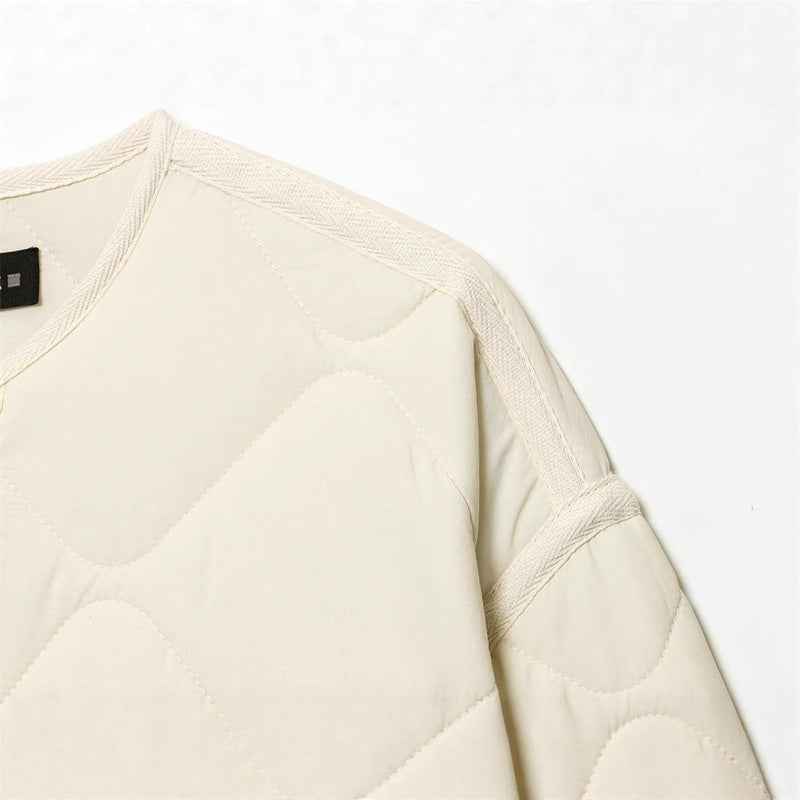 Women's Quilted Oversized Quilted Jacket with Round Neckline, Patch Pockets and Button Placket Chichicherry