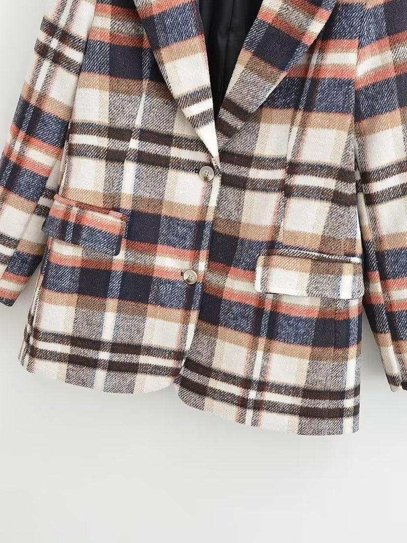 Women's Checked Wool Blend Single-Breasted Blazer with Notch Lapel and Flap Pockets Chichicherry