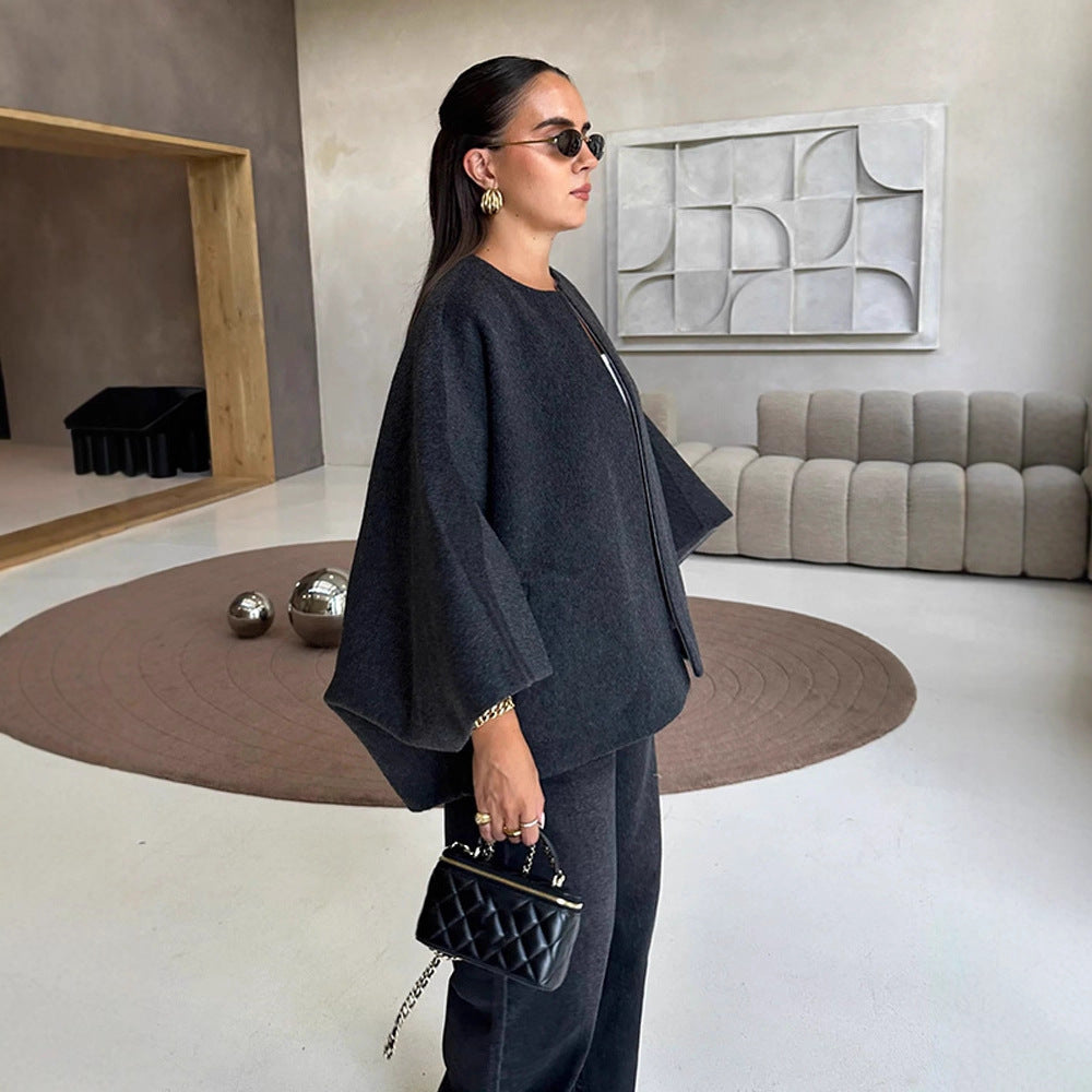 Women's Short Wool Blend Cape Jacket with Oversized Trumpet Sleeves Chichicherry