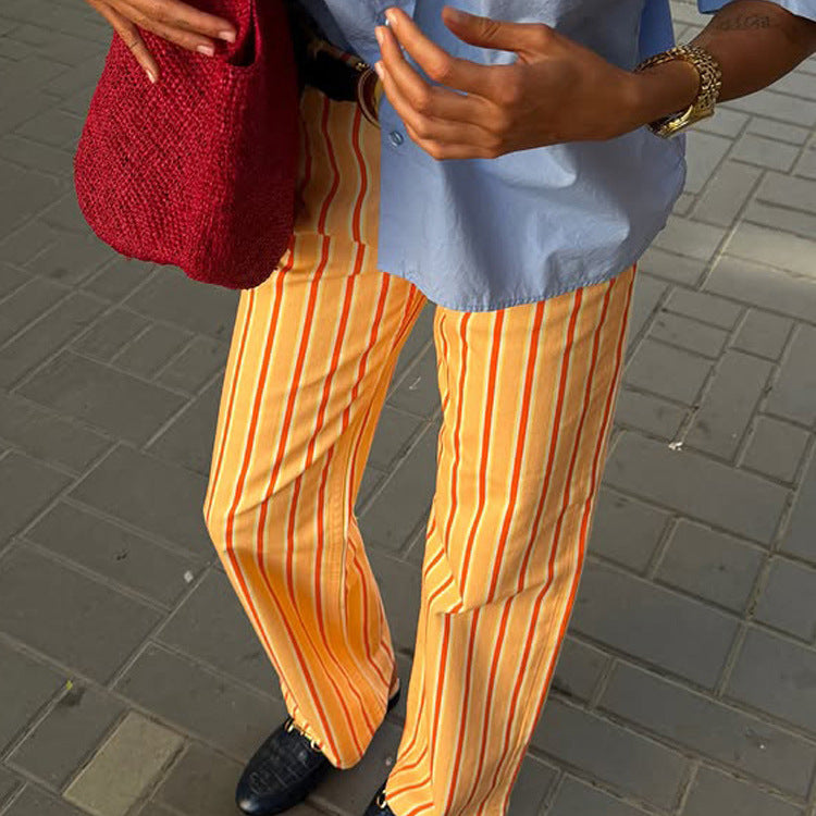 Women Wide Striped Linen Look Pants with High Waist and Straight Leg Chichicherry