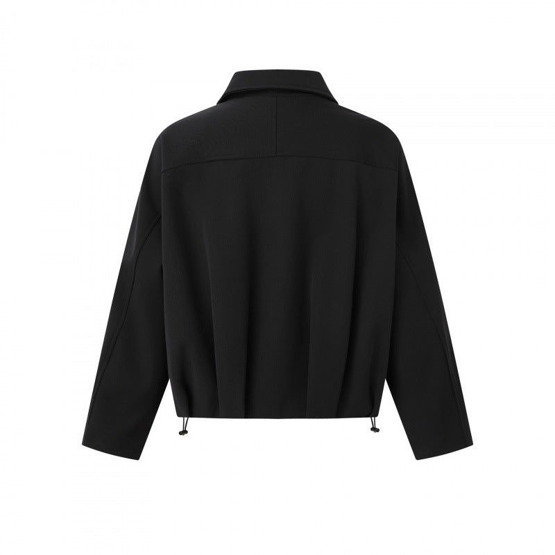 Unisex Short cut boxy zip blouson jacket with shirt collar, drawstring hem and snap button pockets Chichicherry