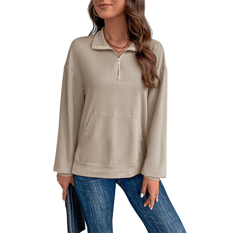 Women's Lightweight Half-Zip Sweatshirt in Relaxed Fit with Kangaroo Pocket and Stand-Up Collar Chichicherry