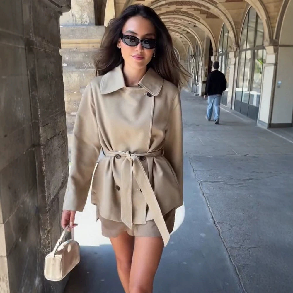Women Tailored Short Jacket with Belt and Dropped Sleeves Chichicherry