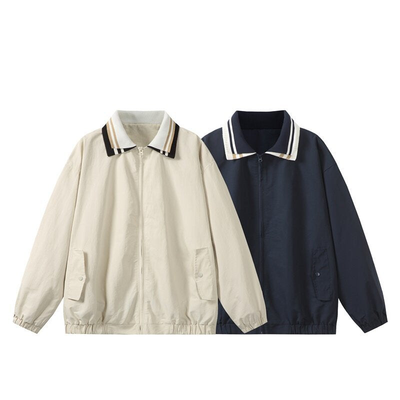 Men's Lightweight Harrington-Style Bomber Jacket with Striped Ribbed Collar and Snap Button Pockets Chichicherry