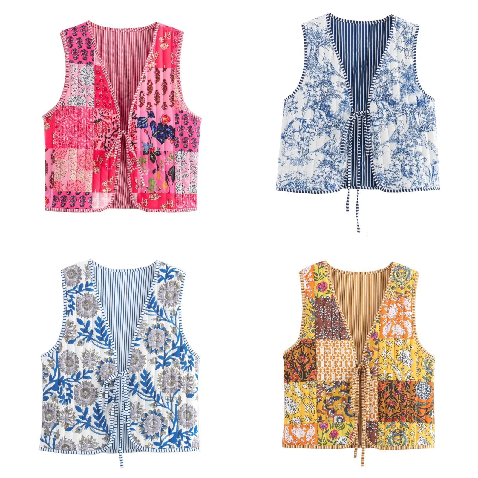 Ladies Quilted Waistcoat with Toile Print, Striped Lining and Drawstring Chichicherry