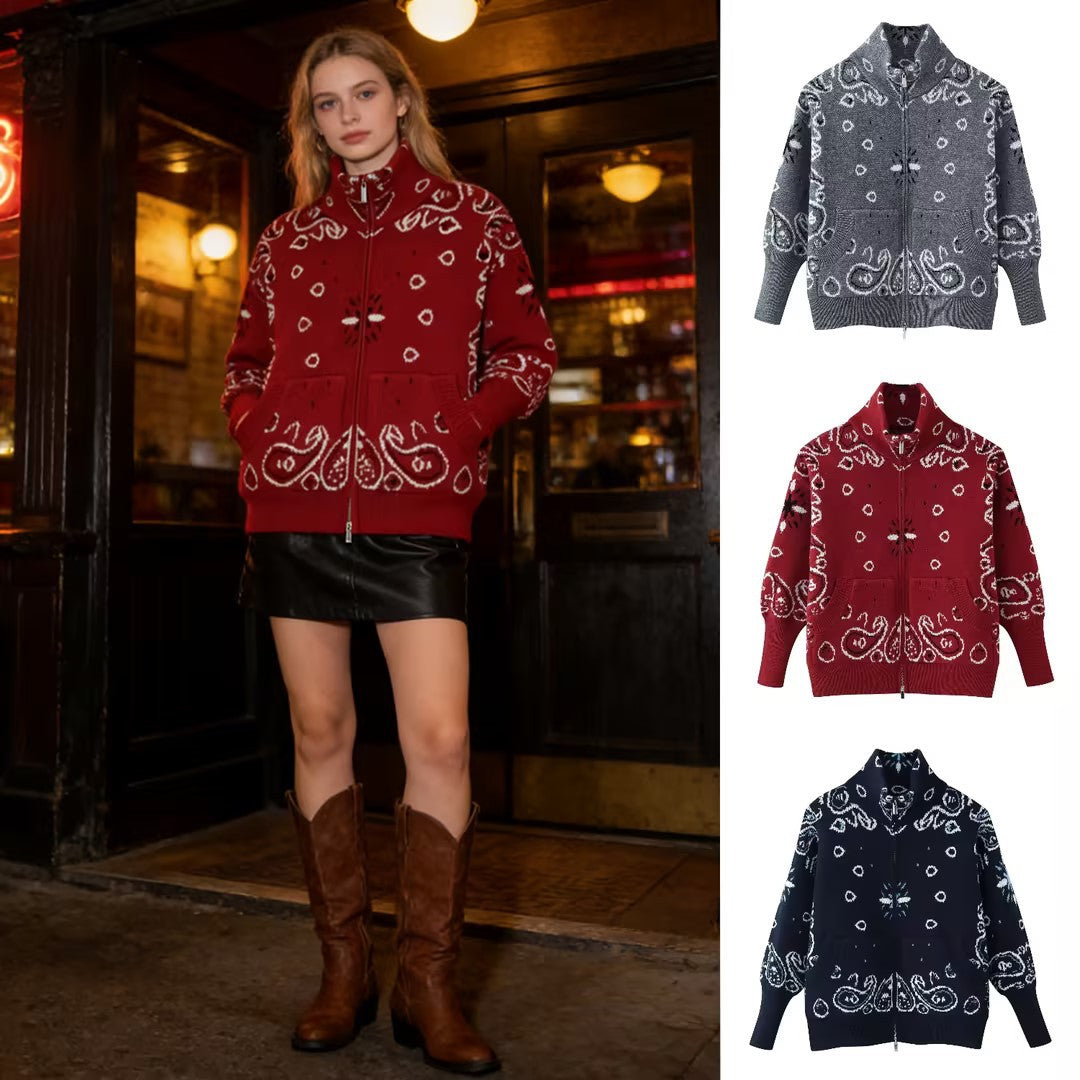 Women's chunky knit zip cardigan with stand-up collar and paisley jacquard Chichicherry