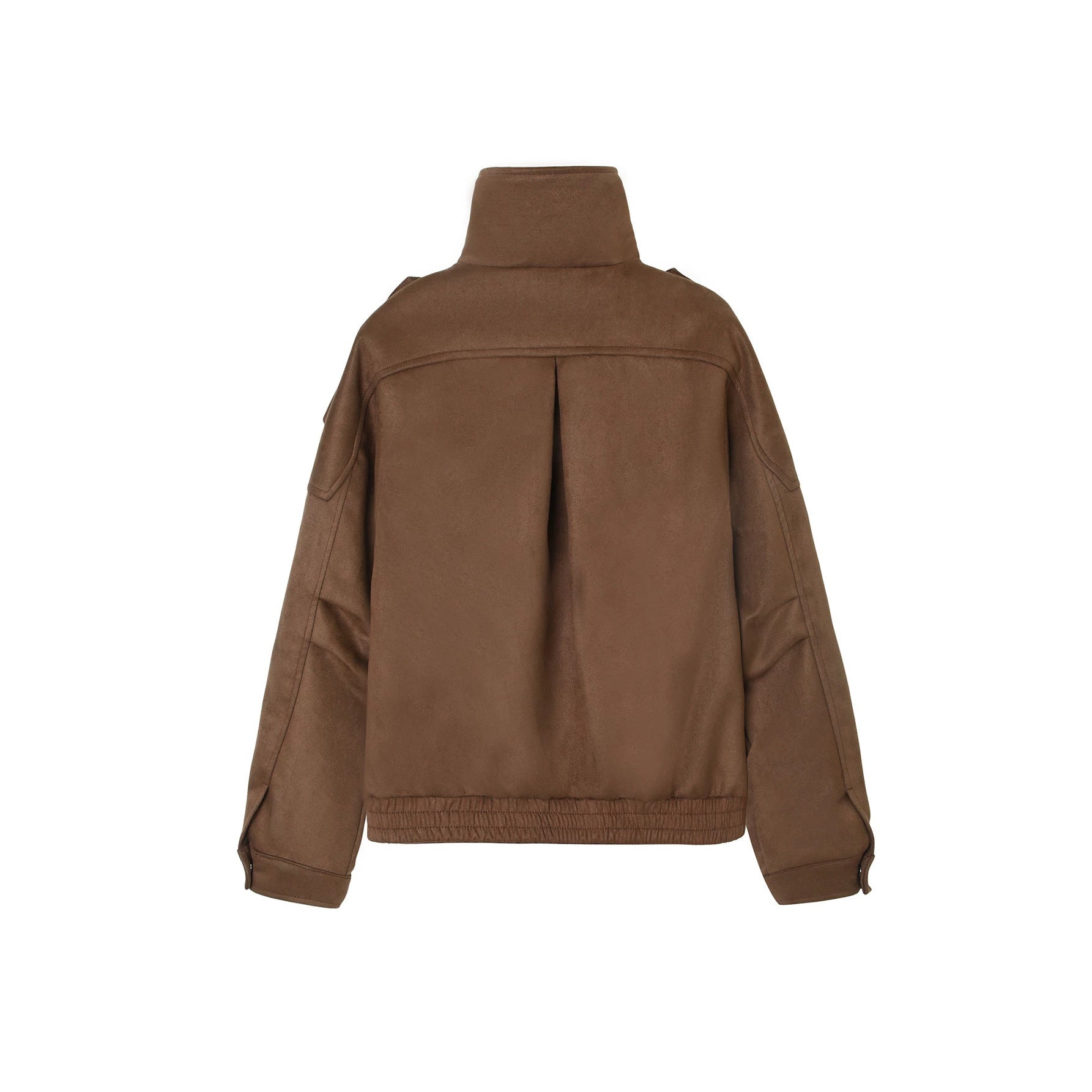 Women's Short Suede Look Bomber Jacket with High Stand Collar, Shoulder Epaulettes and Waist Belt Chichicherry