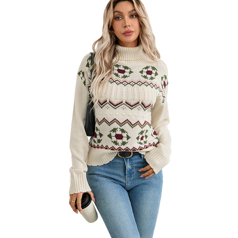 Women's turtleneck sweater with Norwegian jacquard & cable pattern Chichicherry