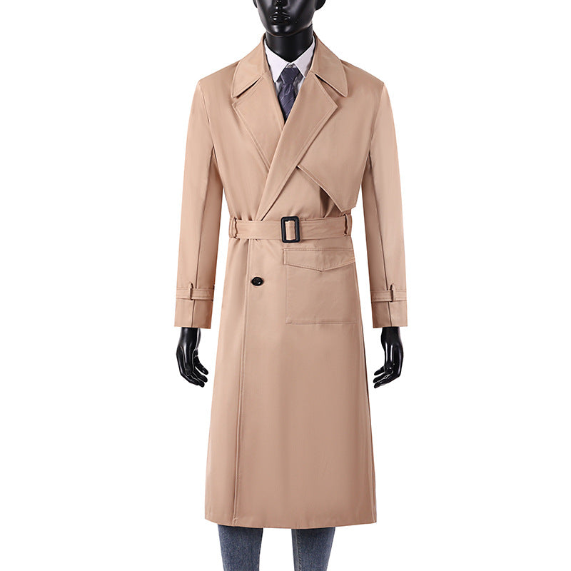 Men's long coat in trench coat style with storm flap, asymmetrical pockets and classic lapel Chichicherry