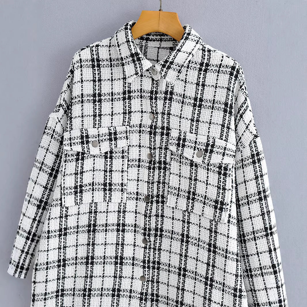 Women's Oversized Tweed Shirt Jacket with Chest Pockets and Frayed Hem Chichicherry