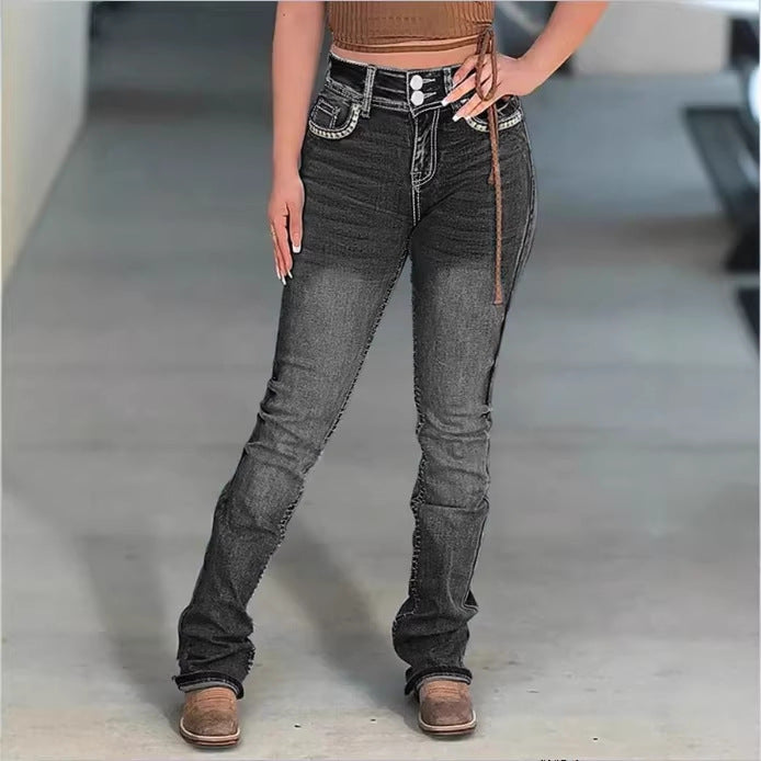 Women High-Waisted Slim-Straight Jeans with V-Shaped Waist and Superstretch Denim Chichicherry