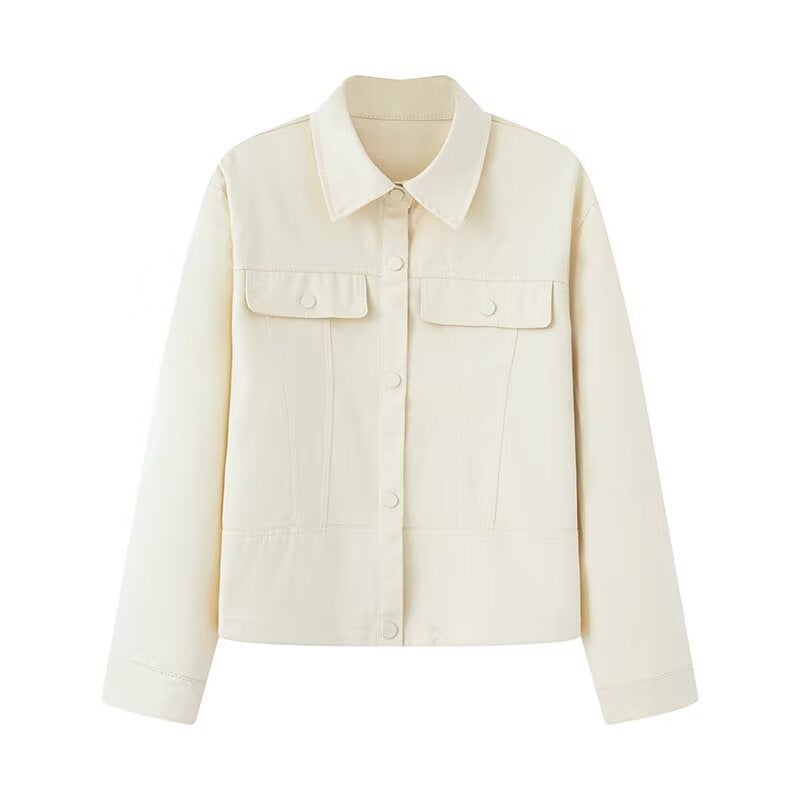 Women Short Cut Boxy Overshirt Jacket in Vegan Leather Look with Flap Pockets and Snap Button Closure Chichicherry