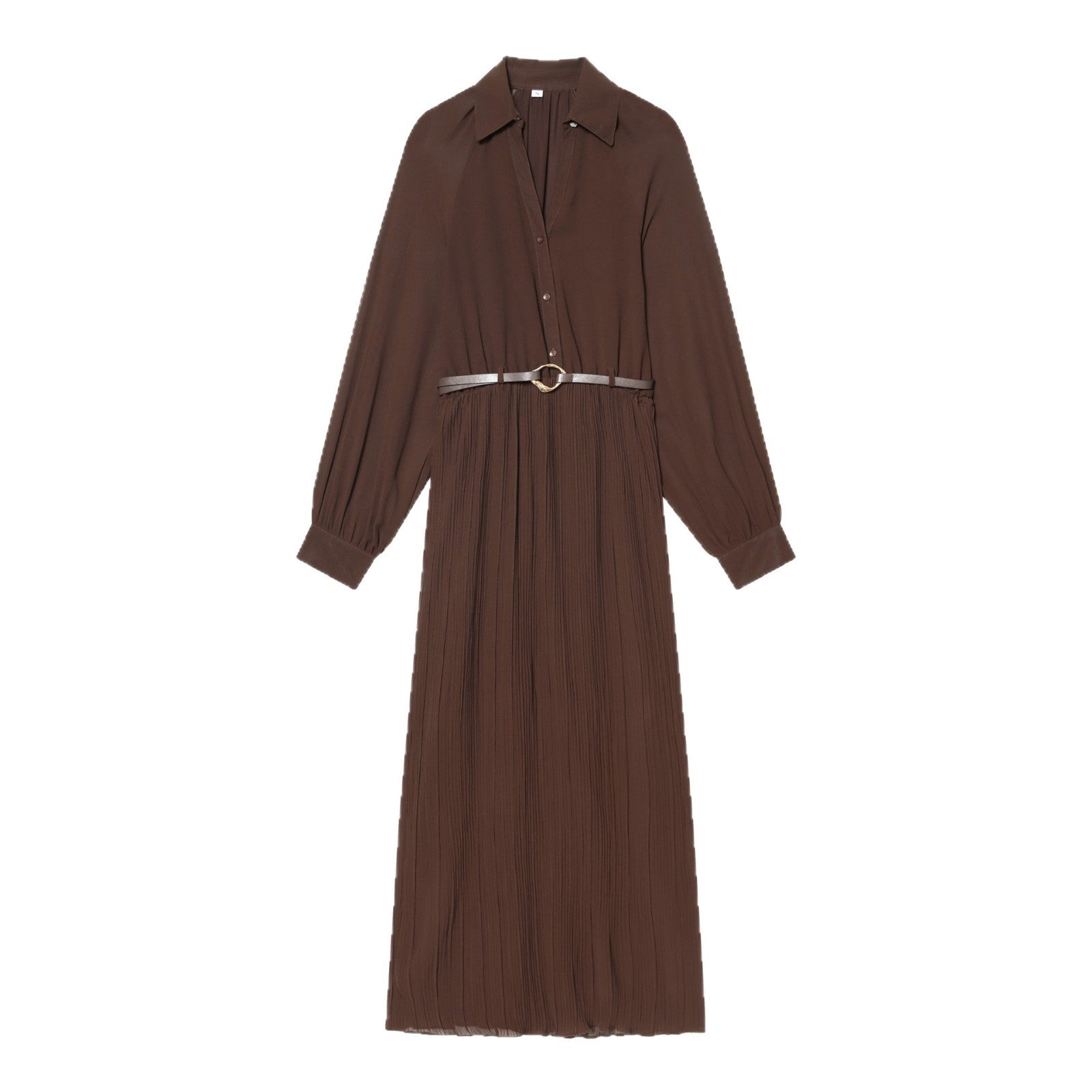 Women Pleated Shirt Dress with Balloon Sleeves, Concealed Button Placket, and Waist Belt Chichicherry
