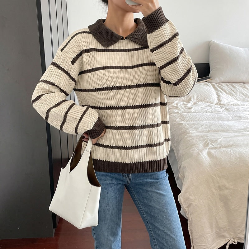 Women's Striped Knit Polo Sweater with Contrast Collar and Loose Oversize Fit Chichicherry