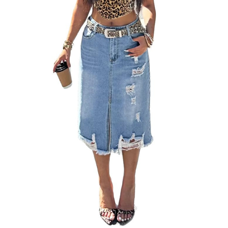 Ladies Denim Midi Skirt with Fringes Front Slit and Used Effects Chichicherry