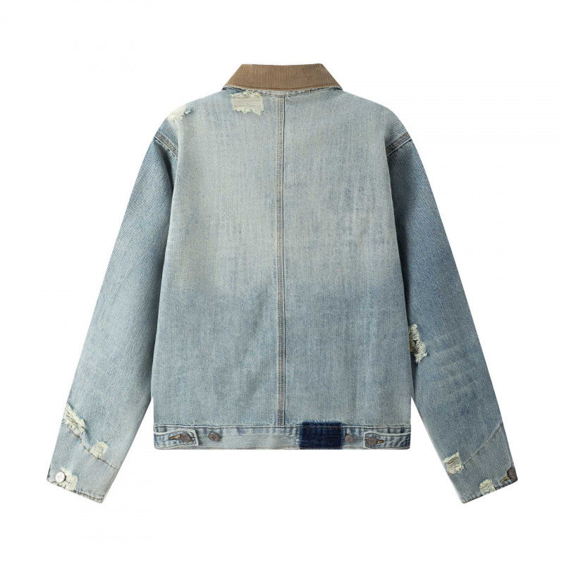 Unisex Boxy Denim jacket in Worker look with cord collar, used effect and large breast pockets Chichicherry