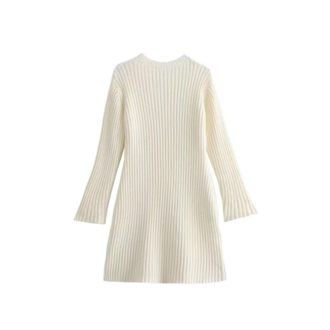 Women's Ribbed Knit Dress with Flared A-Line and Wide Cuffs Chichicherry