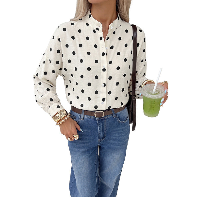 Ladies polka dot viscose blouse with stand-up collar and mother-of-pearl buttons Chichicherry