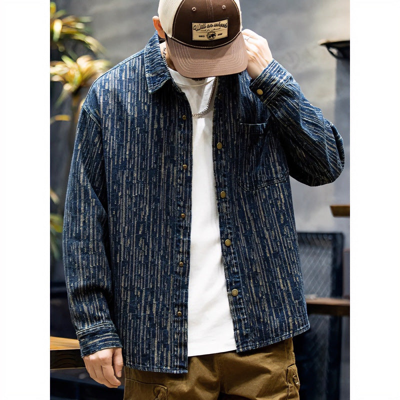 Herren Denim-Overshirt mit vertikaler Strukturprägung und Druckknopfleiste Chichicherry