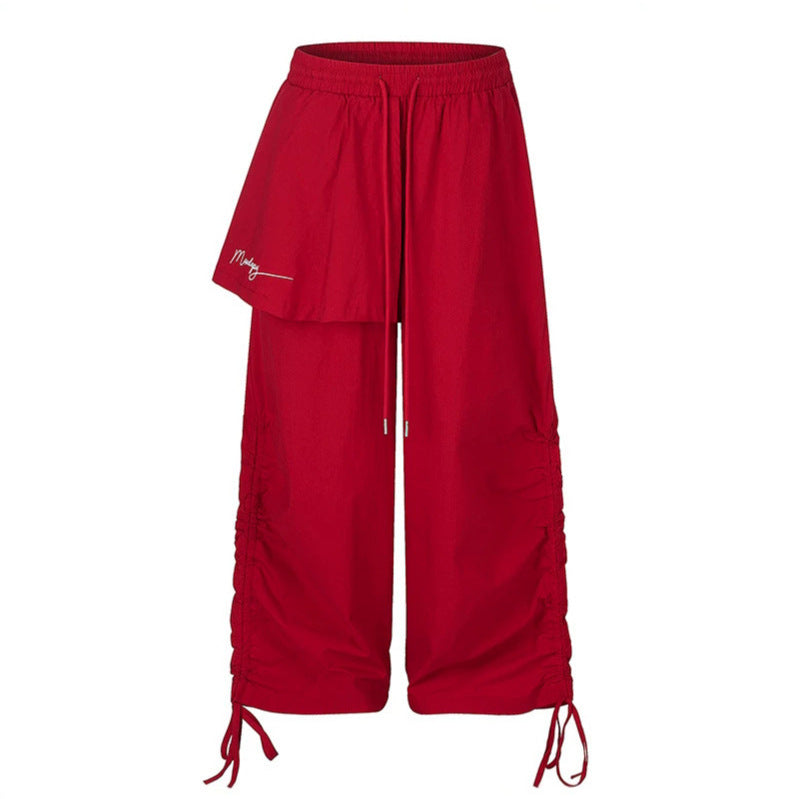 Women Wide Capri Pants with Drawstring, Side Gather and Asymmetrical Overlay Chichicherry