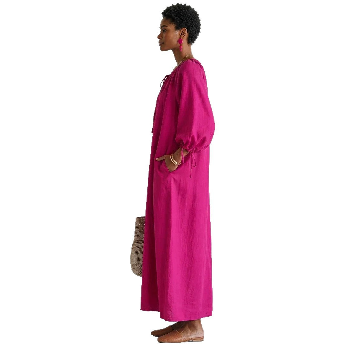 Women's maxi dress in kaftan style with gathered round neckline, balloon sleeves and side pockets Chichicherry
