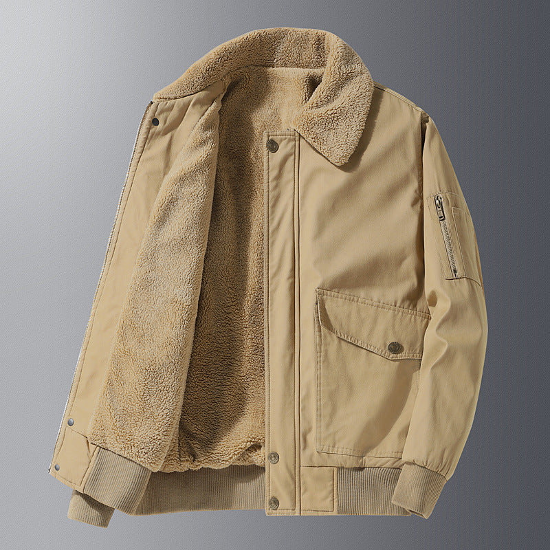 Men's teddy-lined pilot jacket in worker style with arm pocket and flap pockets.