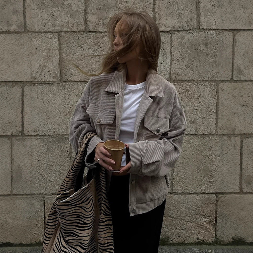 Women’s Oversize Cord Jacket in Cropped Cut with Flap Pockets and Boxy Silhouette Chichicherry