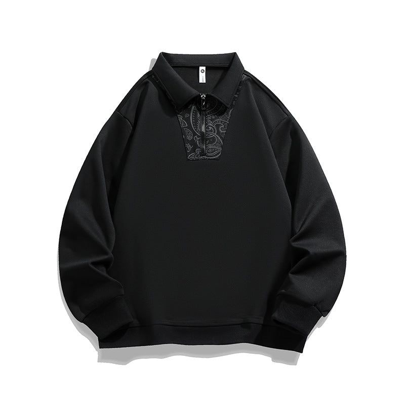 Men's Loose Sweatshirt with Polo Collar, Half Zipper and Paisley Trimming Chichicherry