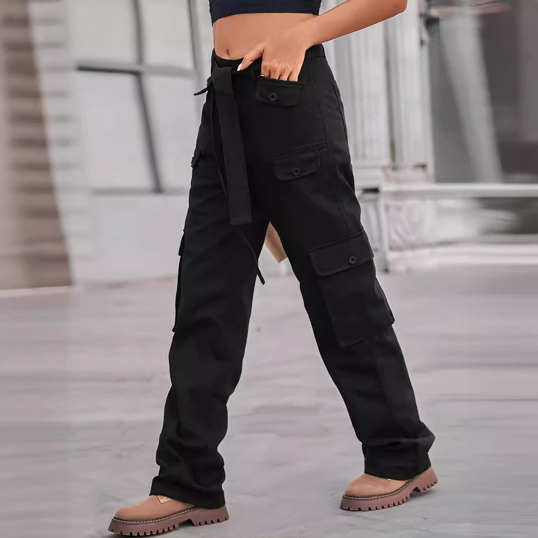 Ladies cargo pants with high waist, tie belt, and multiple flap pockets Chichicherry