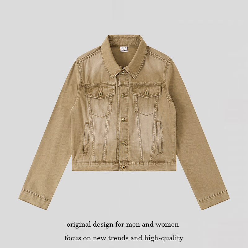 Women's Short Denim Jacket in Vintage Style with Button Placket, Chest Pockets and Fitted Cut Chichicherry