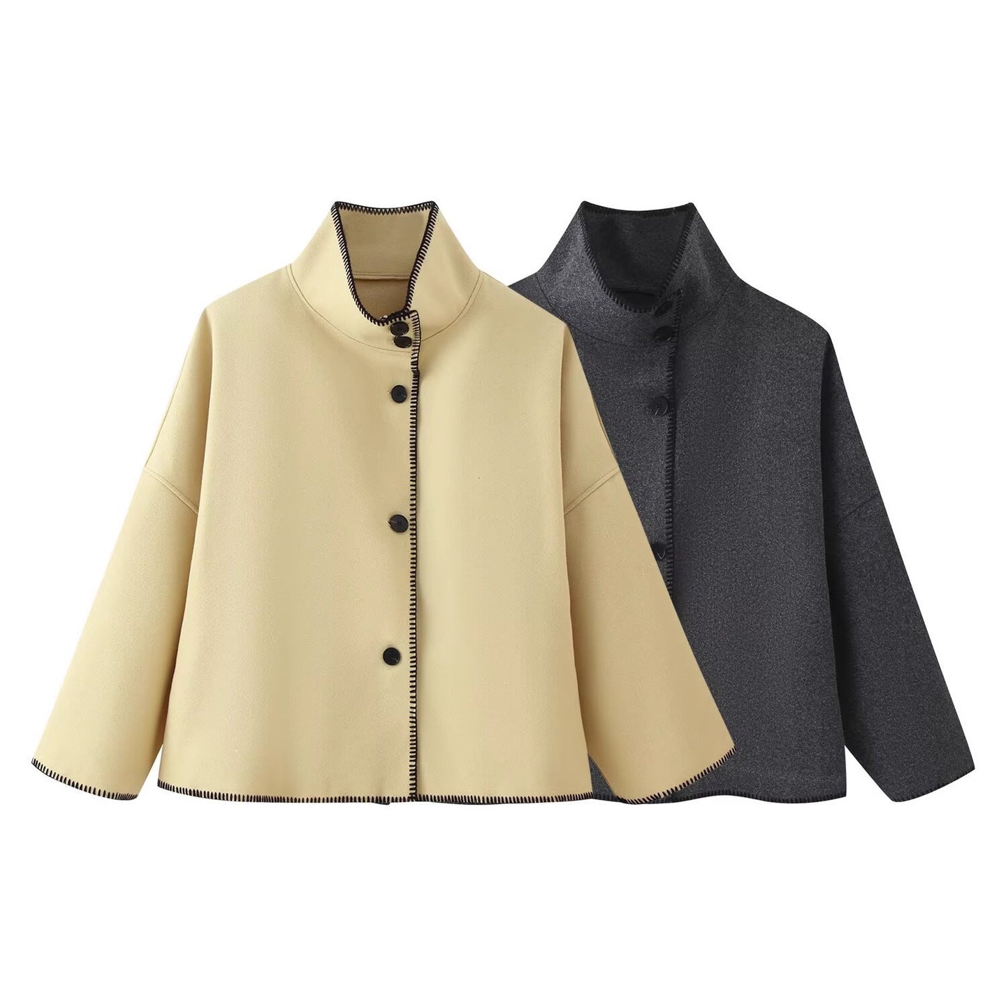 Women's Short Boxy Coat-Cape with Standing Collar and Contrast Decorative Stitch Chichicherry