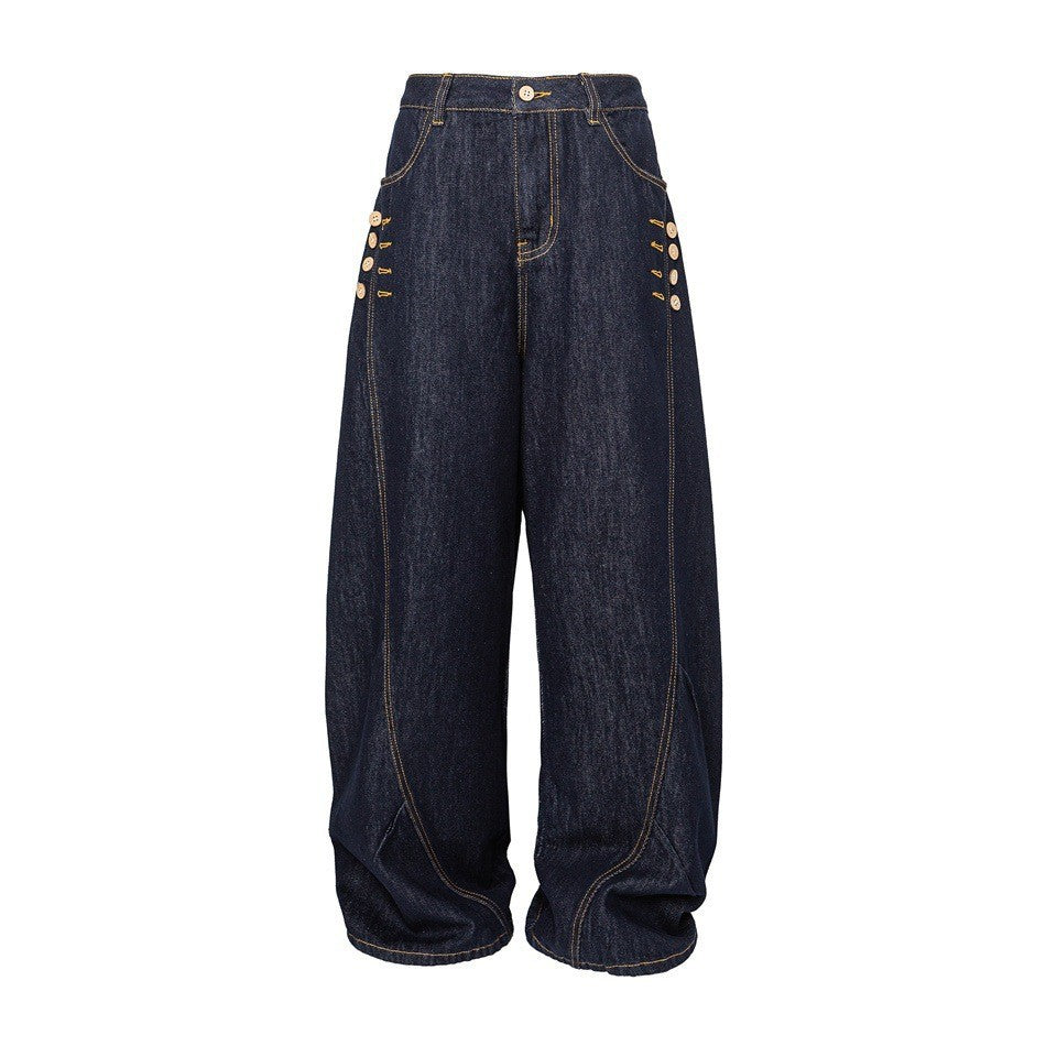 Ladies Wide High-Waist Jeans with Balloon Silhouette and Side Decorative Buttons Chichicherry