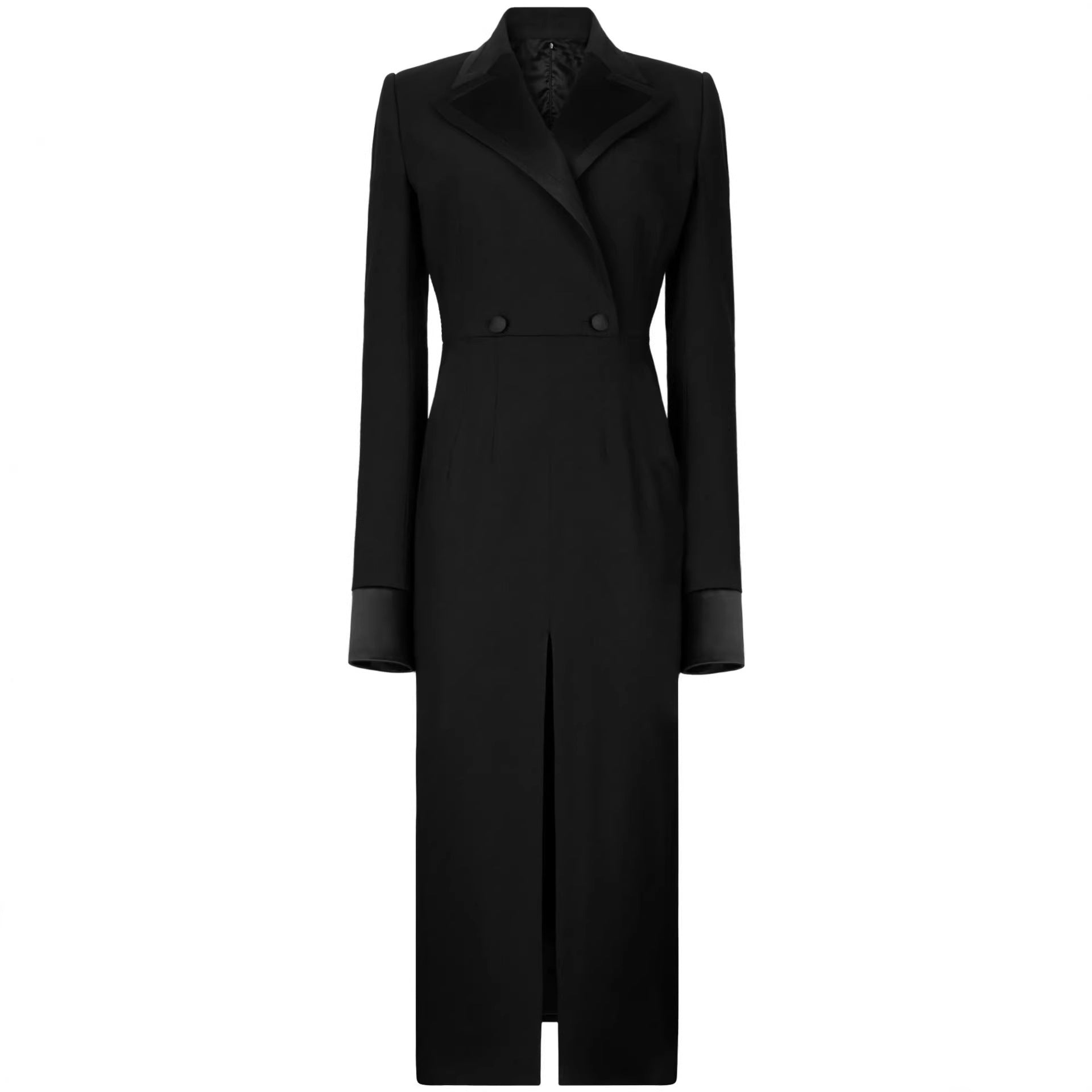 Women's Tailored Blazer Dress in Long Cut with Satin Lapels and Front Slit Chichicherry