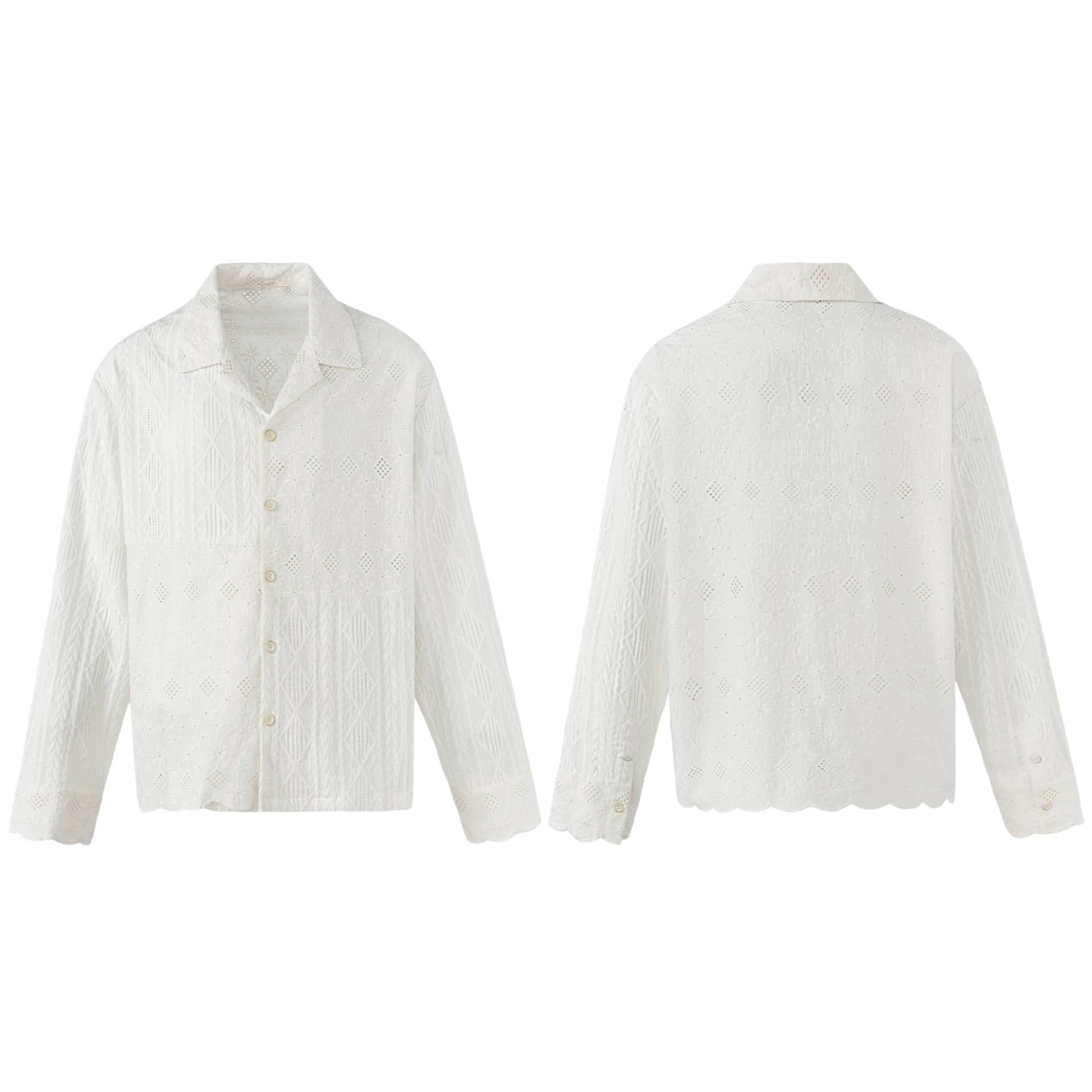 Women's Broderie-Anglaise Overshirt with Button Placket and Floral Lace Embroidery Chichicherry