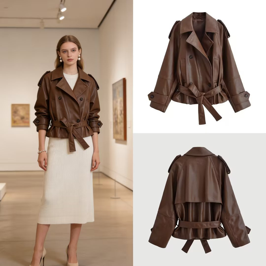 Women's Short Cut Faux Leather Trench Coat with Tie Belt and Shoulder Straps Chichicherry