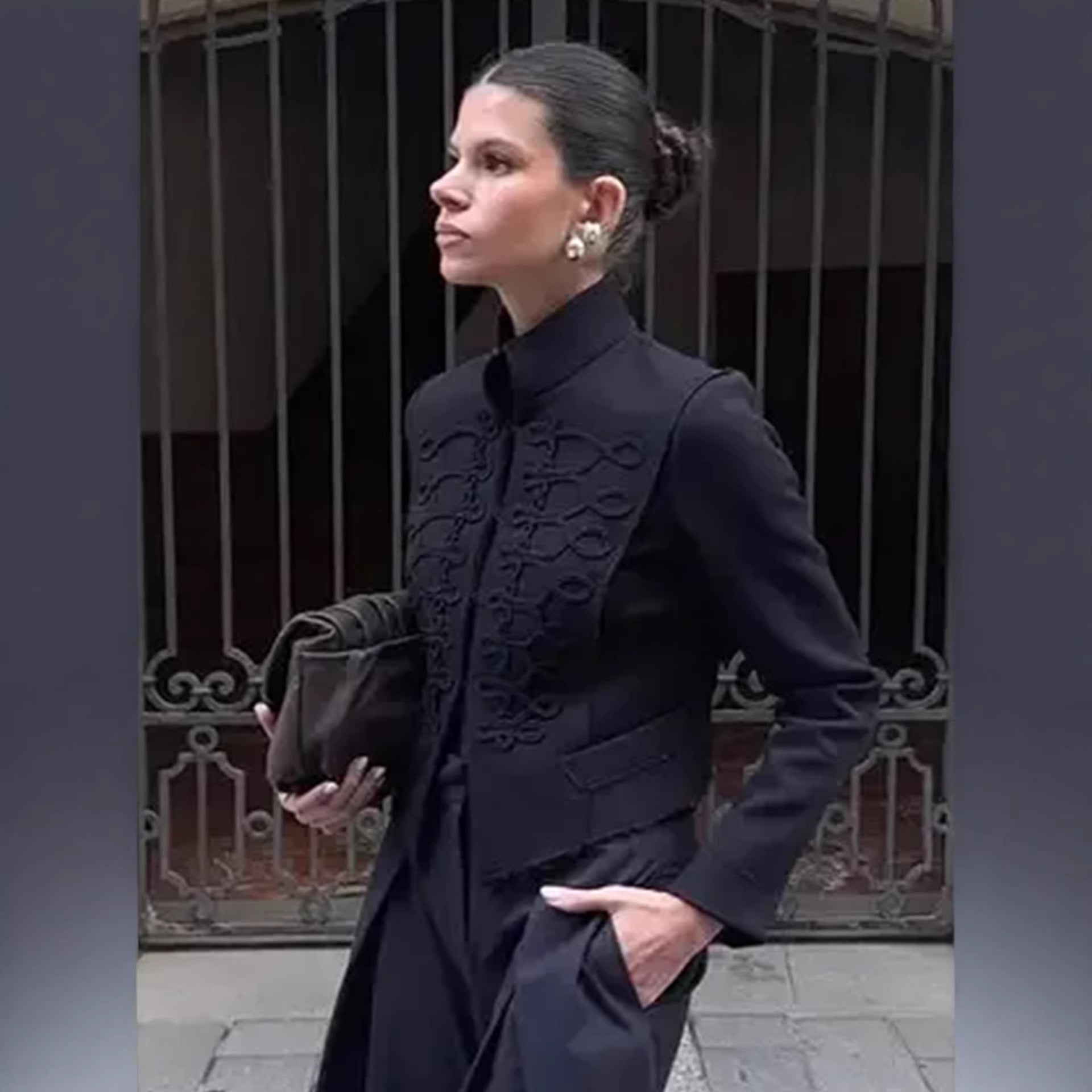 Women Tailored Short Blazer with Stand Collar and Decorative Cord Decoration Chichicherry