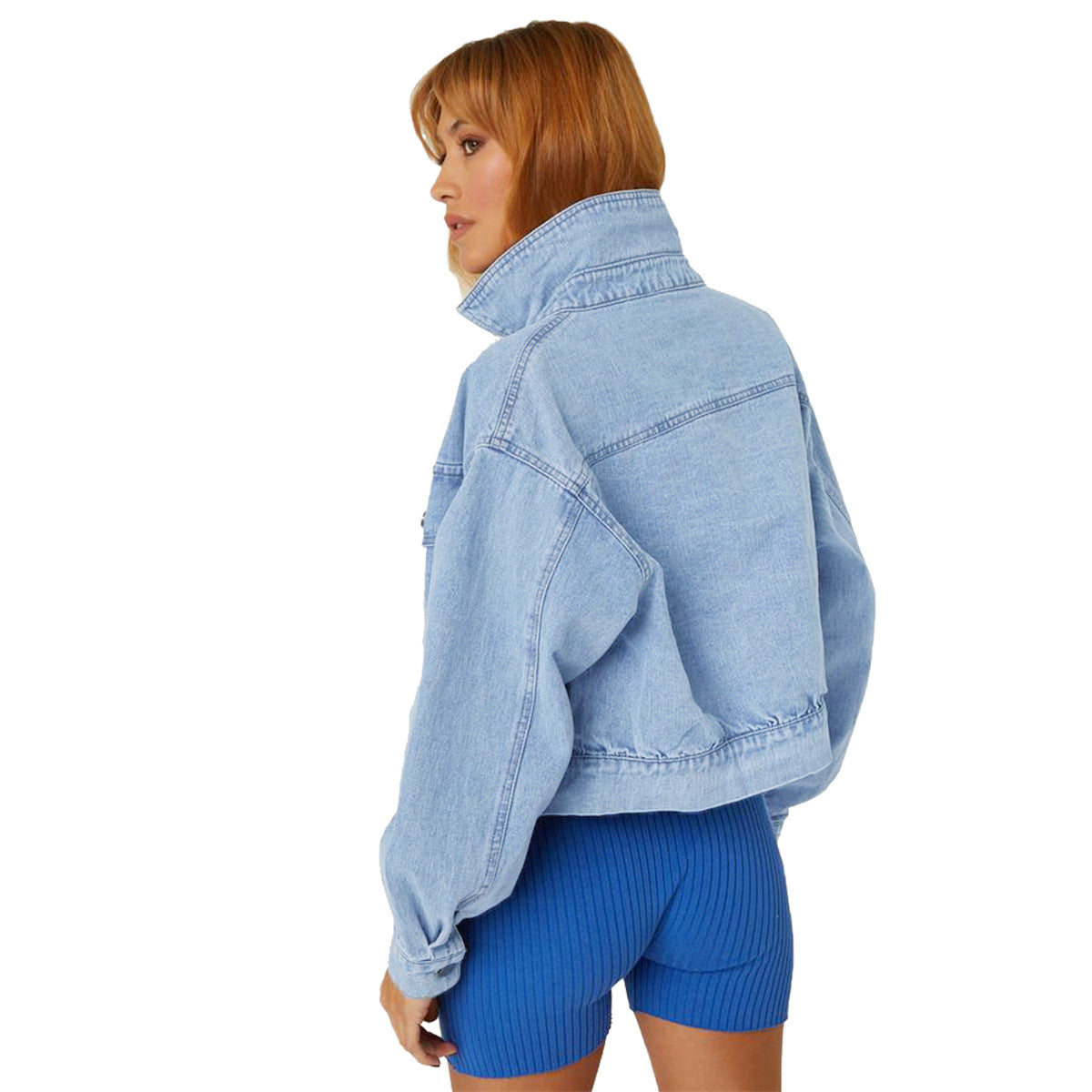 Women's Cropped Oversize Denim Jacket with Snap Button Front and Patch Chest Pockets Chichicherry
