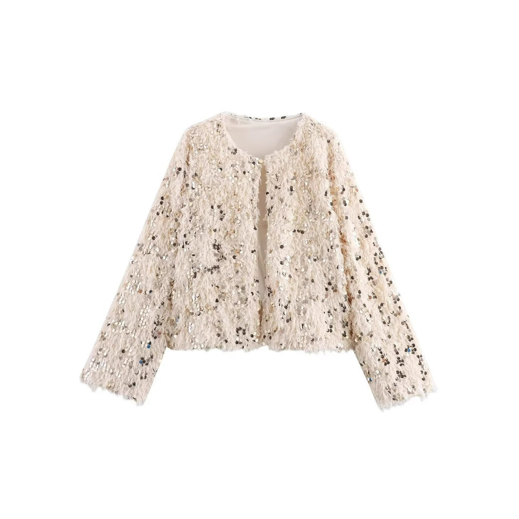 Women's Cropped Jacket made of fluffy Faux Fur with sequin trim Chichicherry