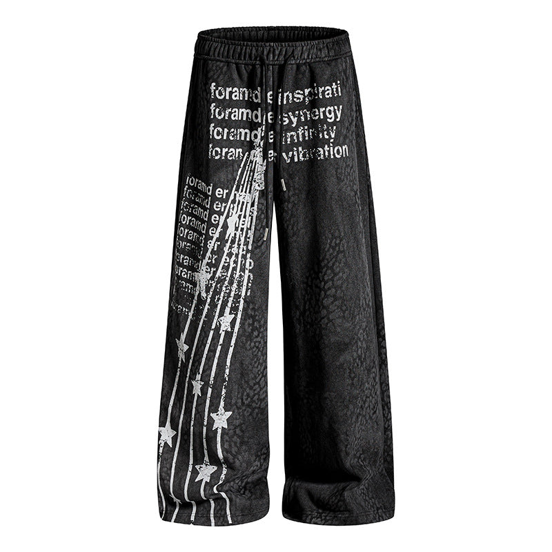 Women's Wide Palazzo Jogging Pants with Drawstring Waist, Statement Print and Vintage Wash Chichicherry