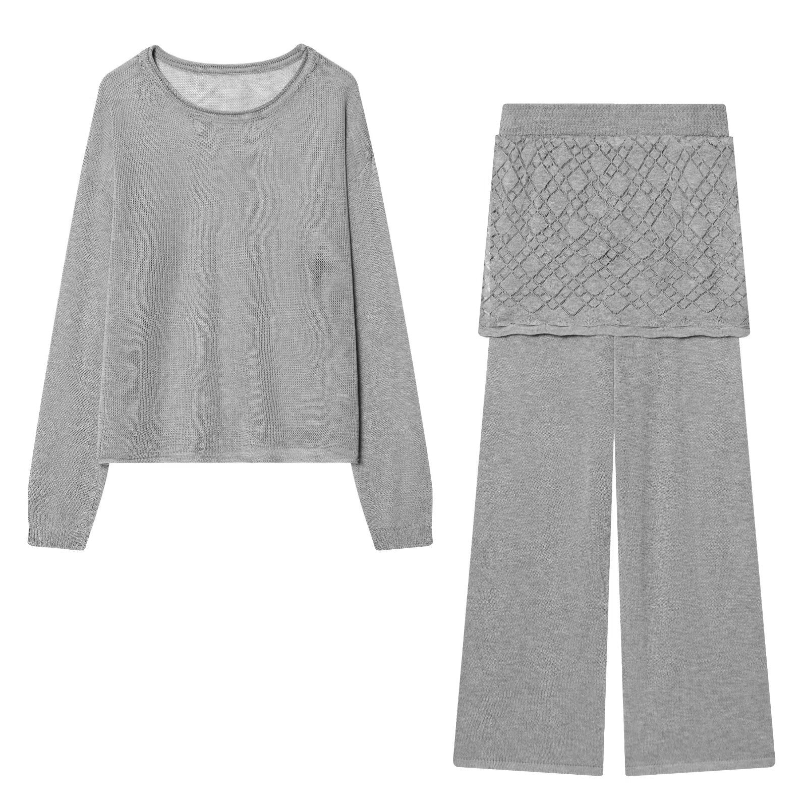 Women's Two-Piece Fine Knit Set with Airy Round Neckline, Wide Pleated Look Pants and Decorative Skirt Overlay Chichicherry