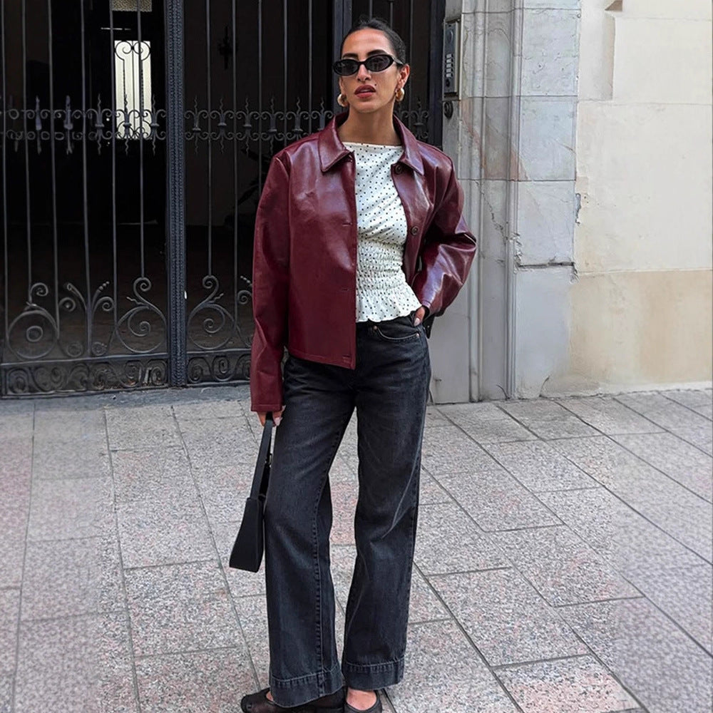 Women's Boxy Faux Leather Jacket with Shirt Collar and Straight Cropped Cut Chichicherry