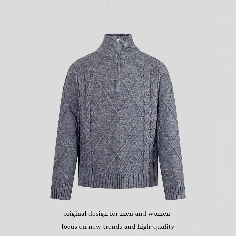 Men's knitted sweater with cable pattern, half zipper and high stand-up collar Chichicherry