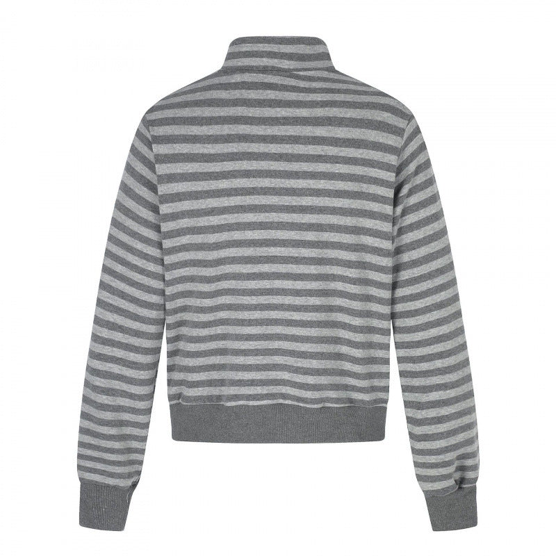 Unisex Striped Zip Hoodie with Troyer Collar, Chest Print, and Zipper Pockets Chichicherry
