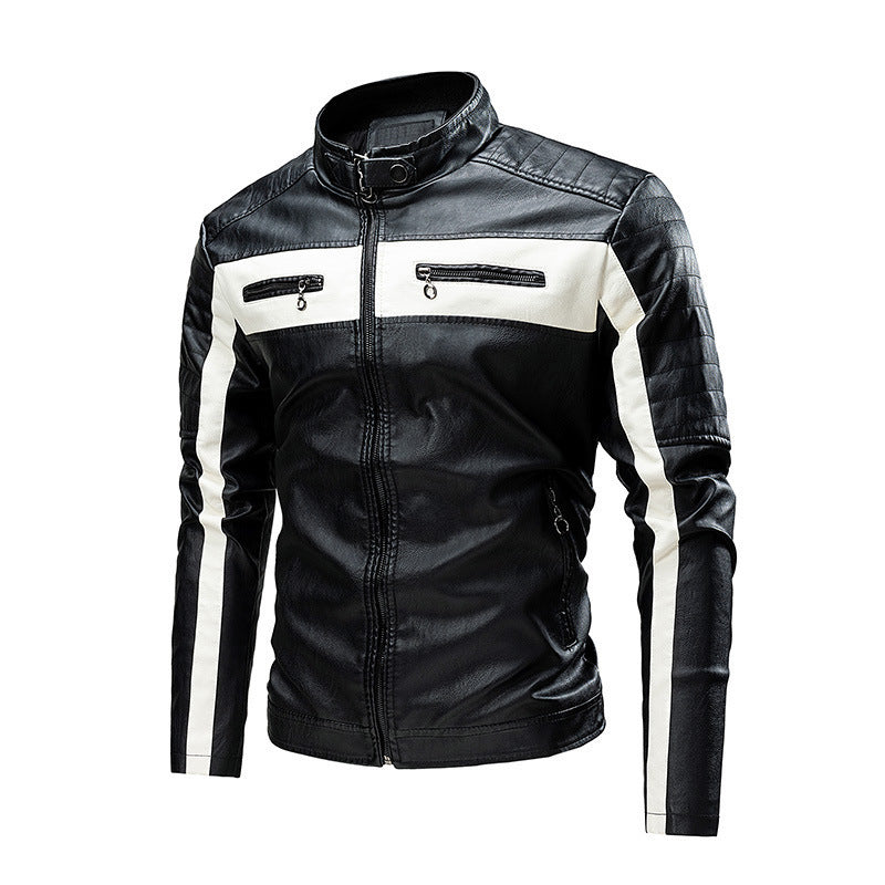 Men's Quilted Biker Jacket made of Faux Leather with Contrast Stripes and Stand-Up Collar Chichicherry
