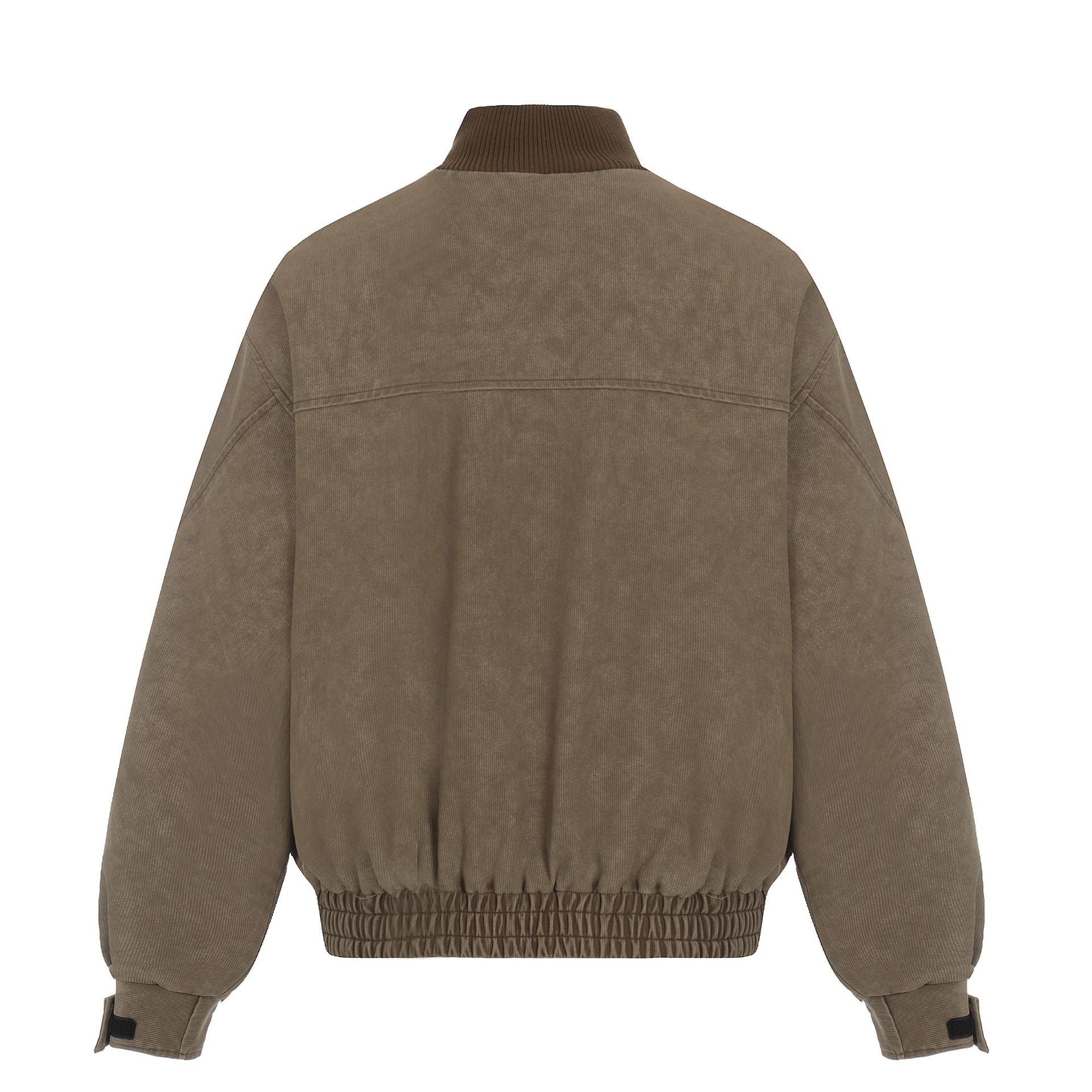 Men's short boxy blouson made of corduroy fabric with high ribbed collar and elastic hem.