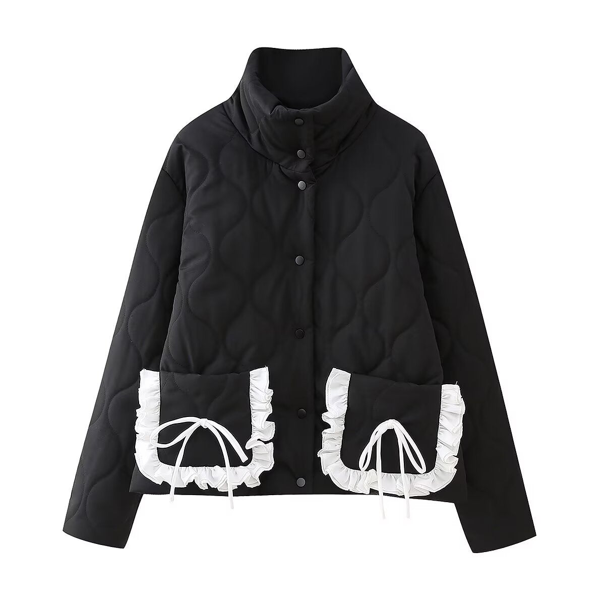 Women's short quilted jacket with high stand-up collar and ruffle pockets Chichicherry