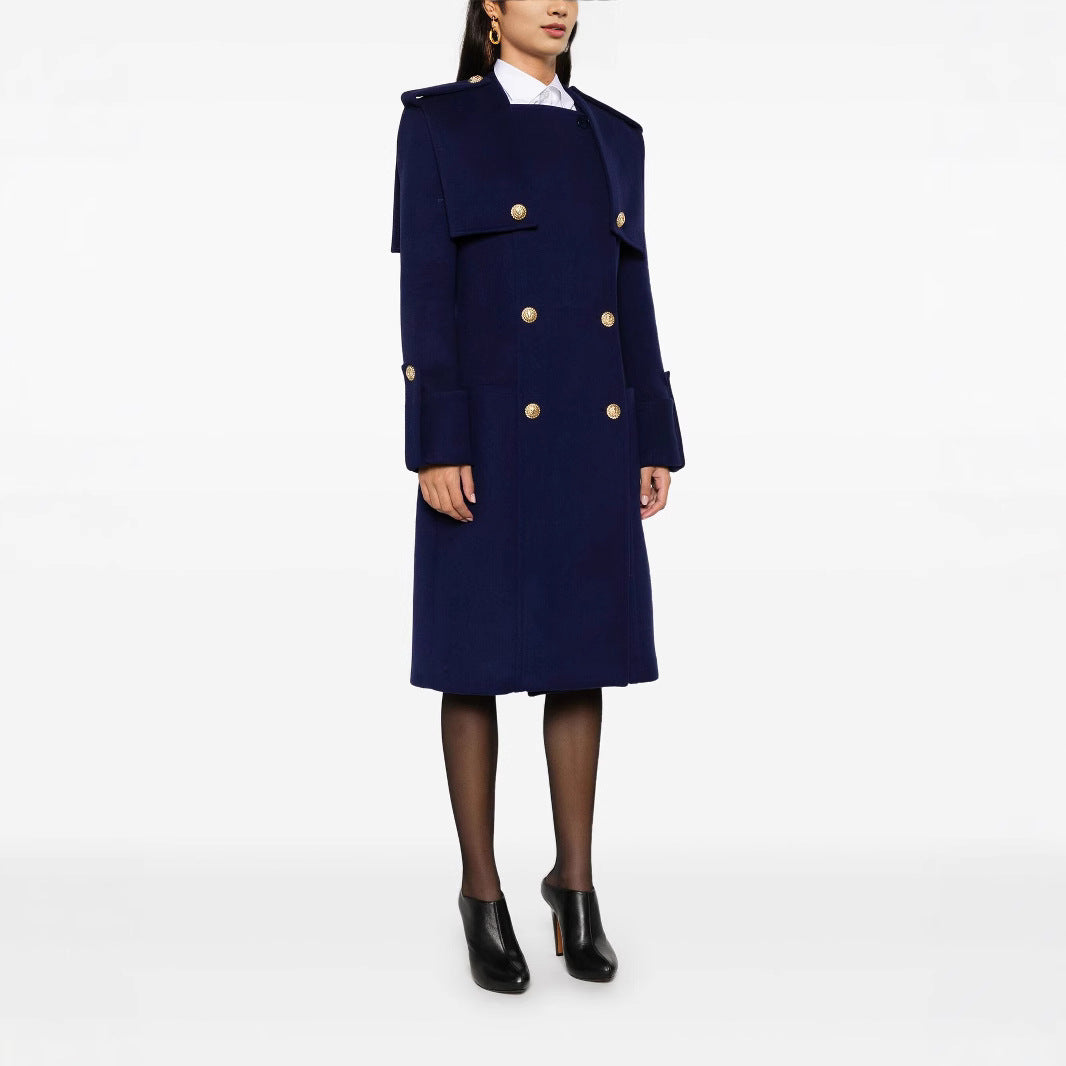 Women's Double-Breasted Coat with Cape Insert, Epaulettes and Decorative Straps Chichicherry